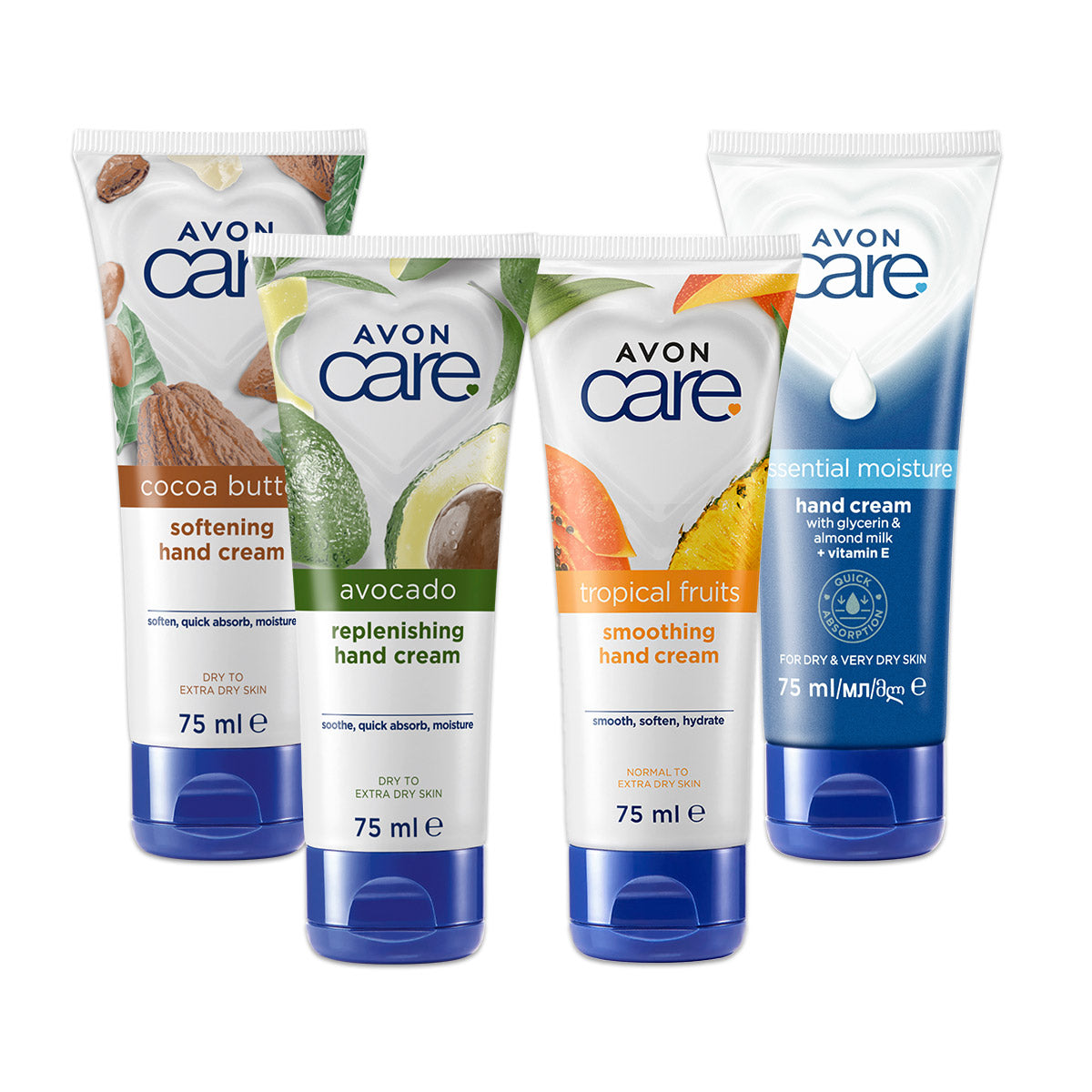 Pack of 4 Hand Creams 75ml (Avocado-Cocoa butter-Essential-Tropical)